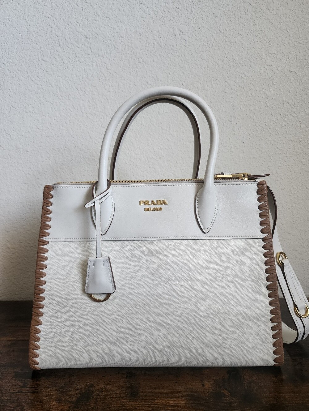 Prada Paradigme All Leather Tote Whipstitch Saffiano City Calf Medium with Strap
